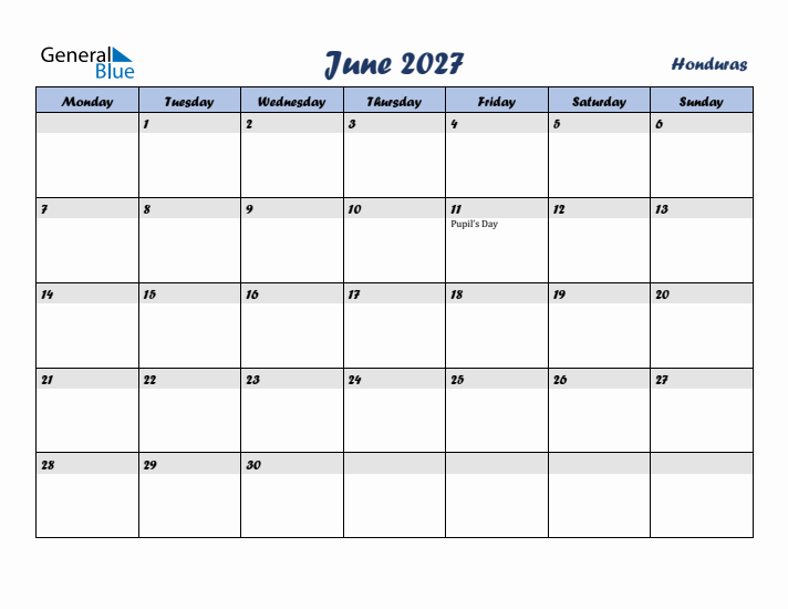 June 2027 Calendar with Holidays in Honduras
