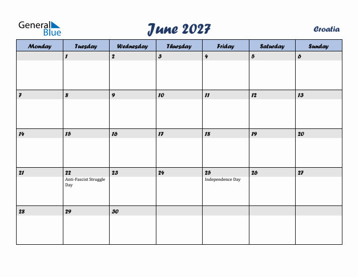 June 2027 Calendar with Holidays in Croatia