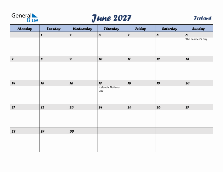 June 2027 Calendar with Holidays in Iceland