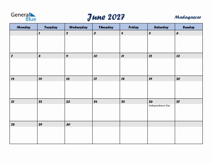 June 2027 Calendar with Holidays in Madagascar