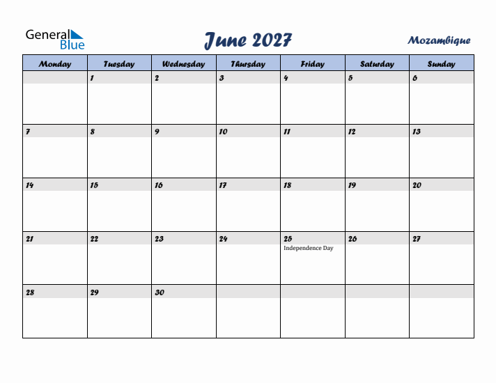 June 2027 Calendar with Holidays in Mozambique