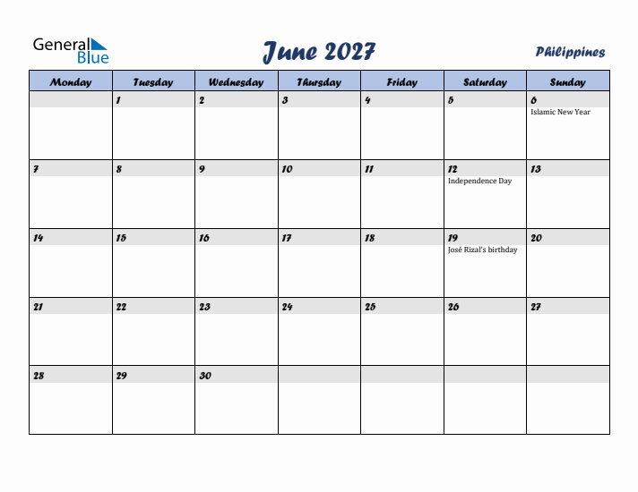 June 2027 Calendar with Holidays in Philippines