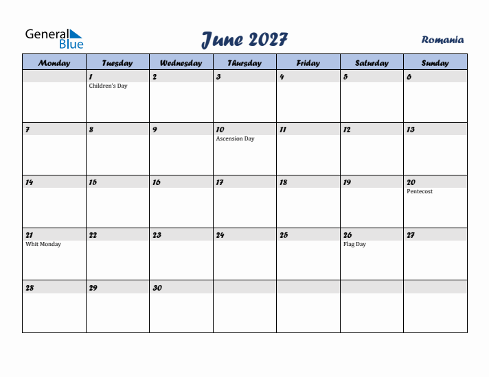 June 2027 Calendar with Holidays in Romania