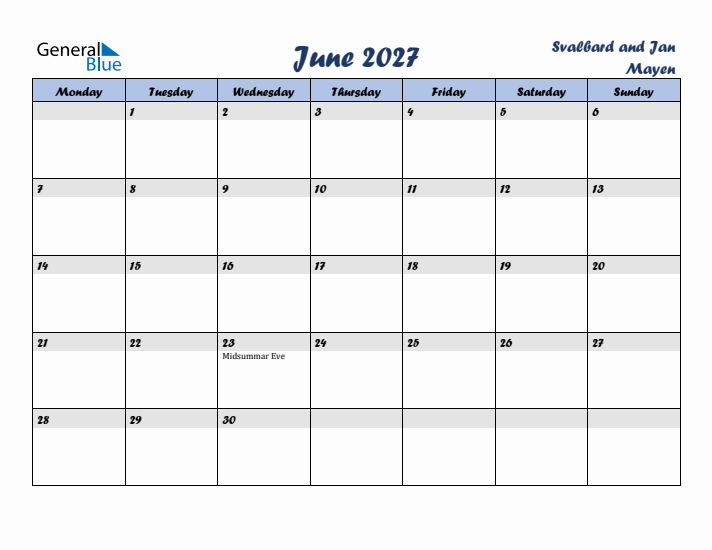 June 2027 Calendar with Holidays in Svalbard and Jan Mayen