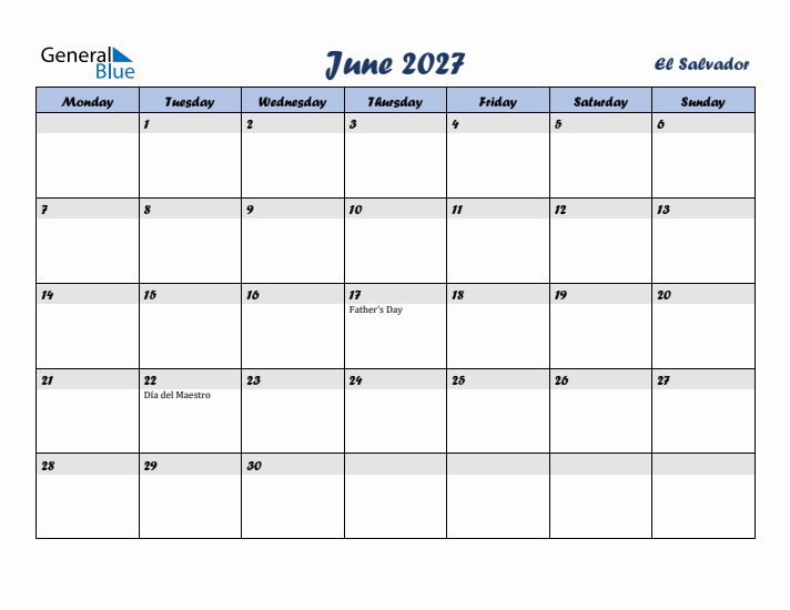 June 2027 Calendar with Holidays in El Salvador
