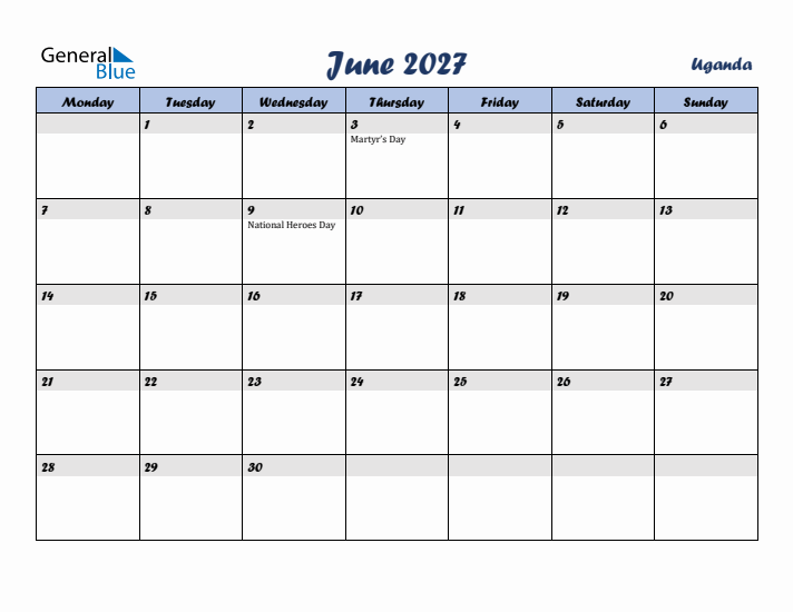 June 2027 Calendar with Holidays in Uganda