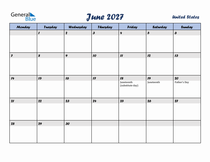 June 2027 Calendar with Holidays in United States