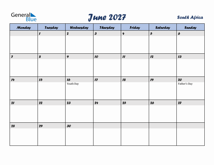 June 2027 Calendar with Holidays in South Africa