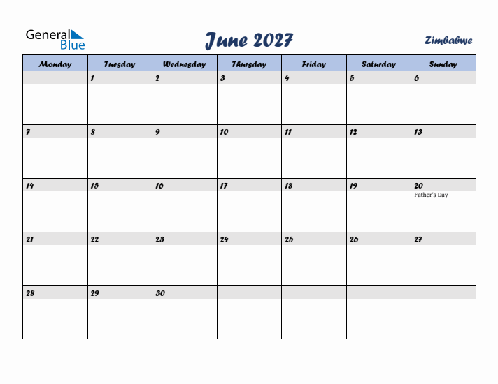 June 2027 Calendar with Holidays in Zimbabwe