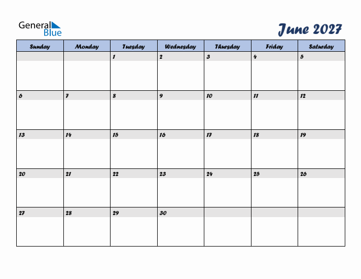 June 2027 Blue Calendar (Sunday Start)