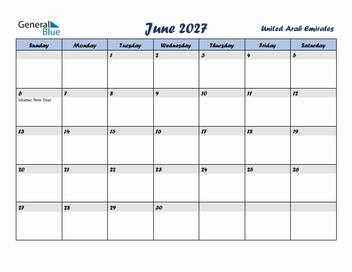 June 2027 Calendar with Holidays in United Arab Emirates
