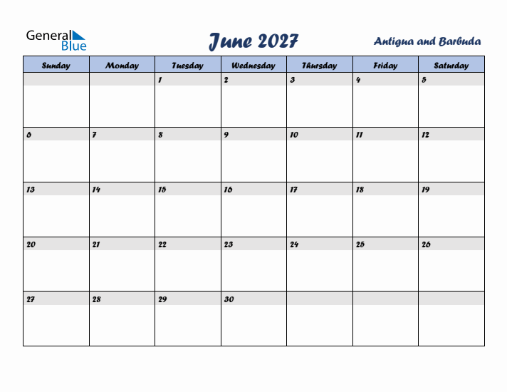 June 2027 Calendar with Holidays in Antigua and Barbuda