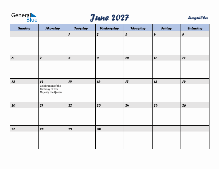 June 2027 Calendar with Holidays in Anguilla