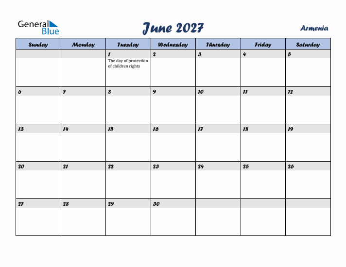 June 2027 Calendar with Holidays in Armenia