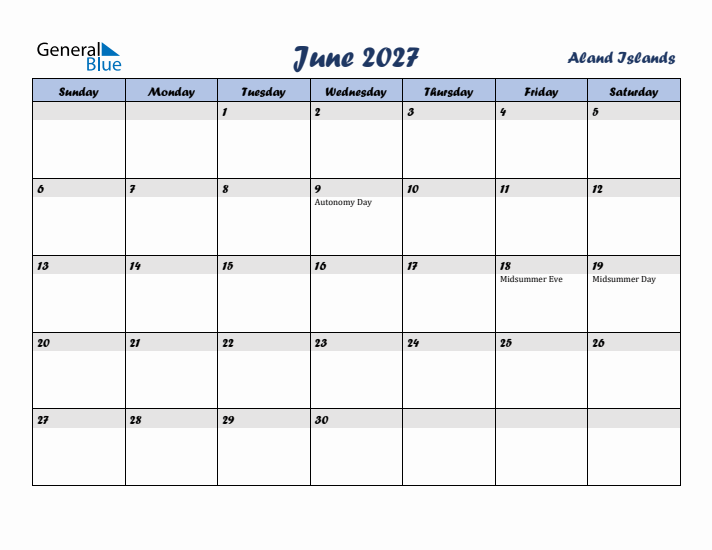 June 2027 Calendar with Holidays in Aland Islands