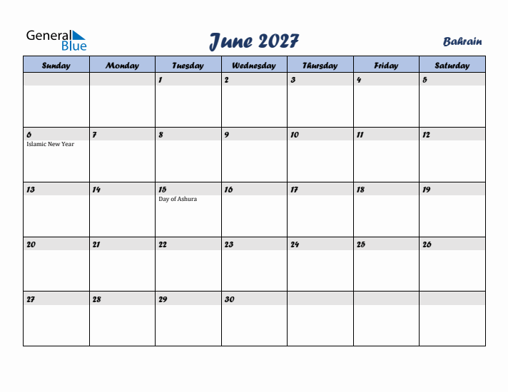 June 2027 Calendar with Holidays in Bahrain
