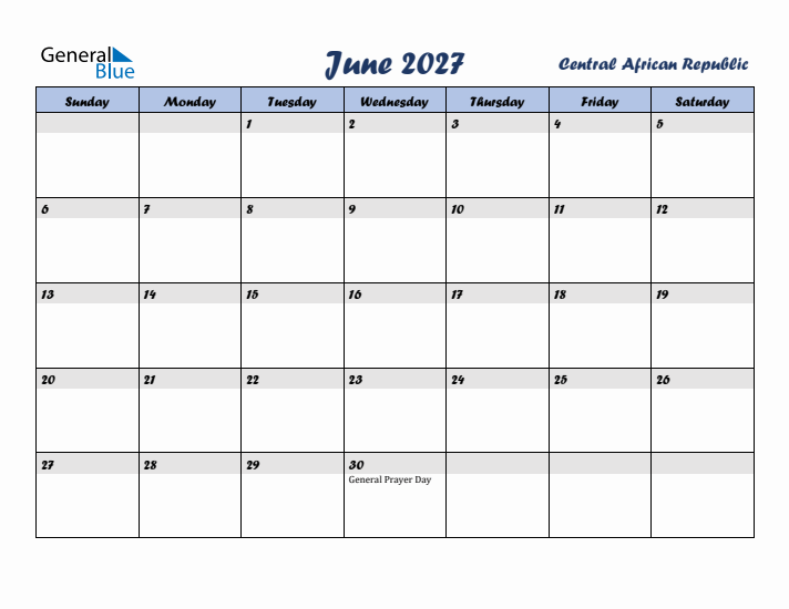 June 2027 Calendar with Holidays in Central African Republic
