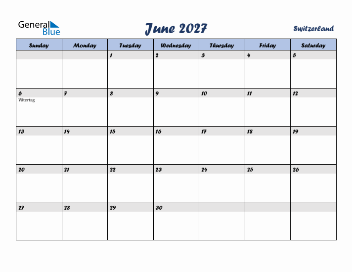 June 2027 Calendar with Holidays in Switzerland