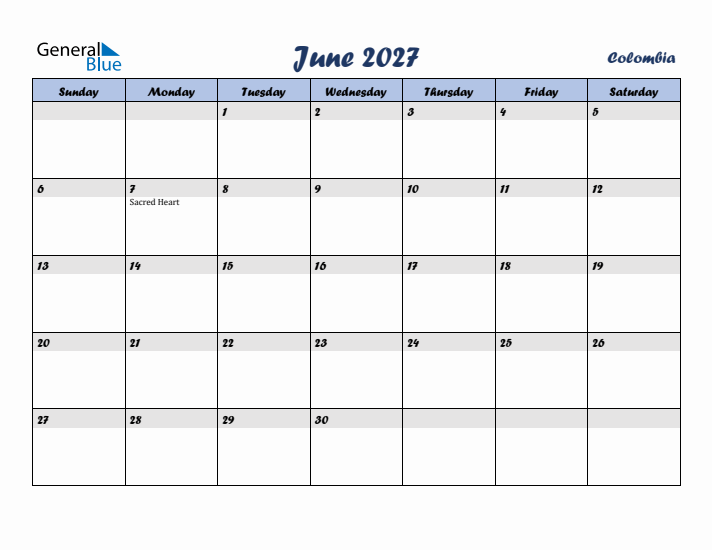 June 2027 Calendar with Holidays in Colombia