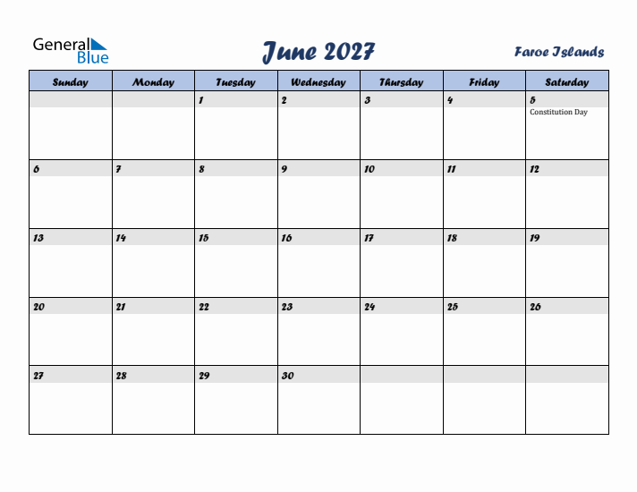 June 2027 Calendar with Holidays in Faroe Islands