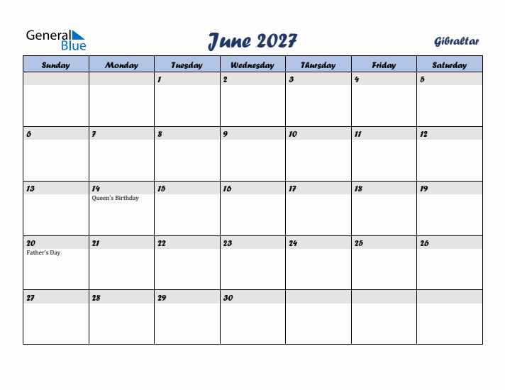 June 2027 Calendar with Holidays in Gibraltar