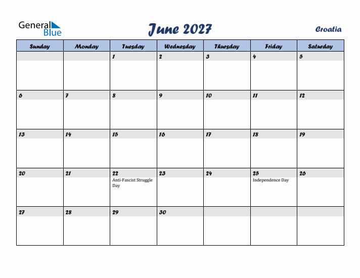 June 2027 Calendar with Holidays in Croatia