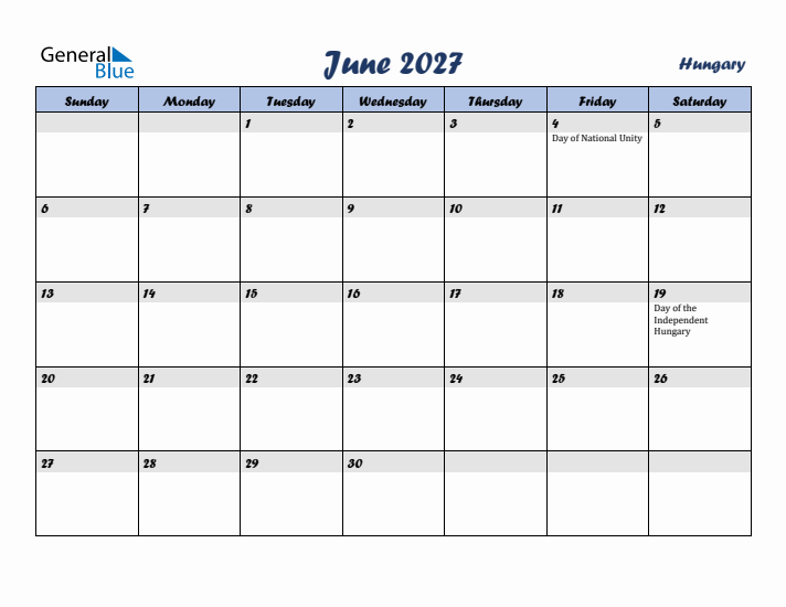 June 2027 Calendar with Holidays in Hungary