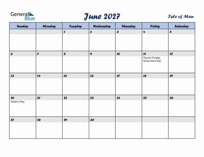 June 2027 Calendar with Holidays in Isle of Man