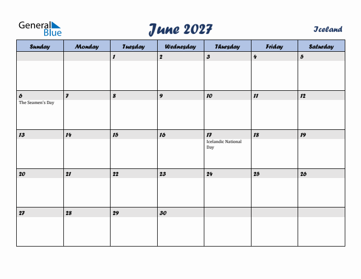 June 2027 Calendar with Holidays in Iceland