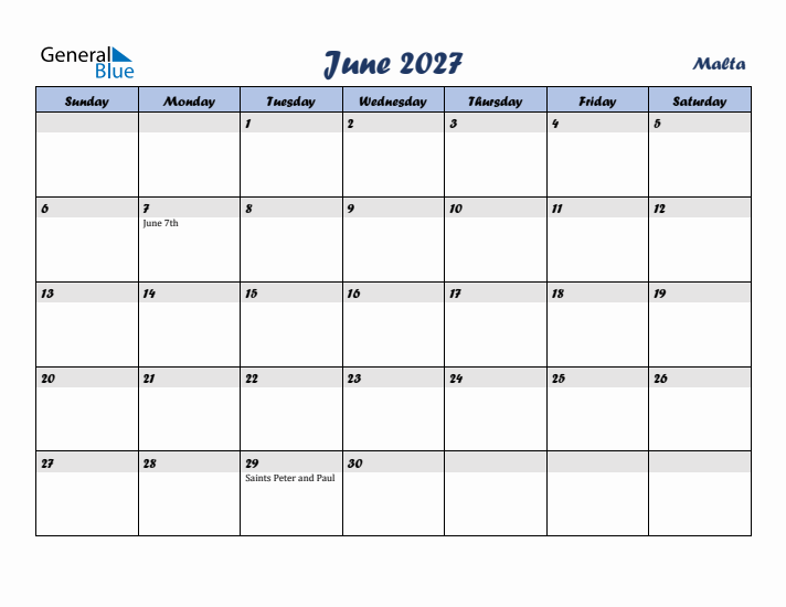 June 2027 Calendar with Holidays in Malta
