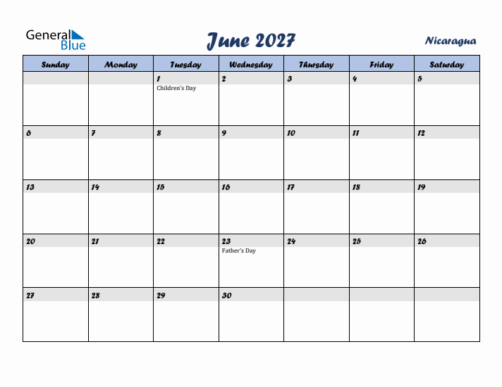 June 2027 Calendar with Holidays in Nicaragua