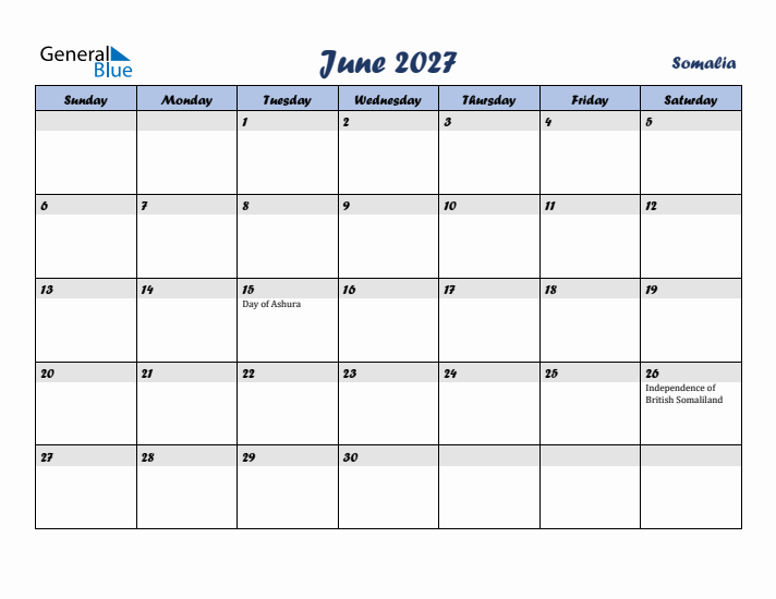 June 2027 Calendar with Holidays in Somalia