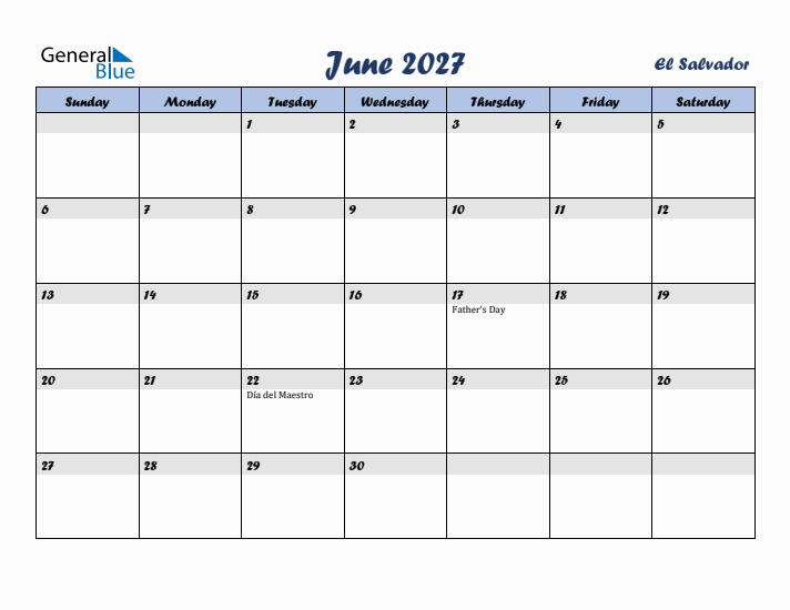 June 2027 Calendar with Holidays in El Salvador