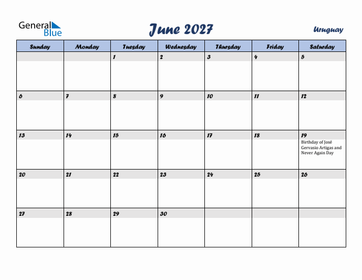 June 2027 Calendar with Holidays in Uruguay