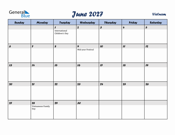 June 2027 Calendar with Holidays in Vietnam