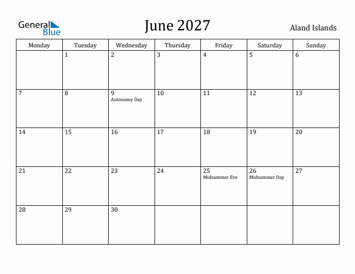 June 2027 Calendar Aland Islands