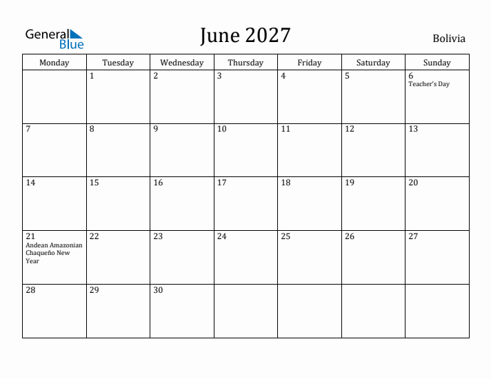 June 2027 Calendar Bolivia
