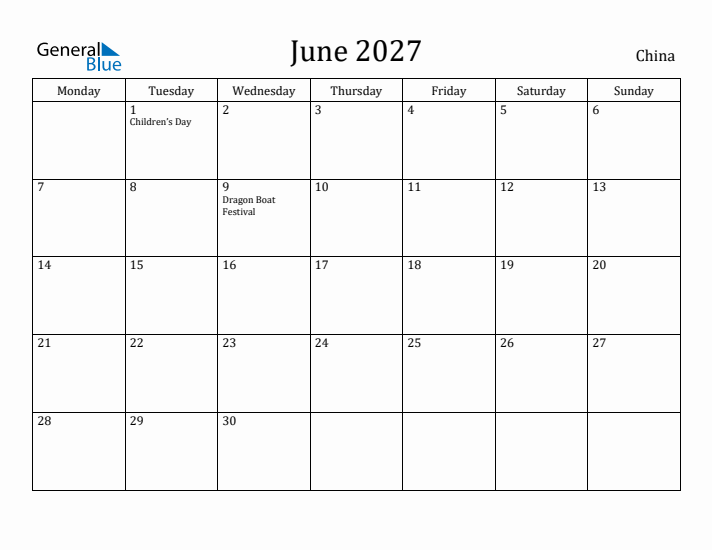 June 2027 Calendar China