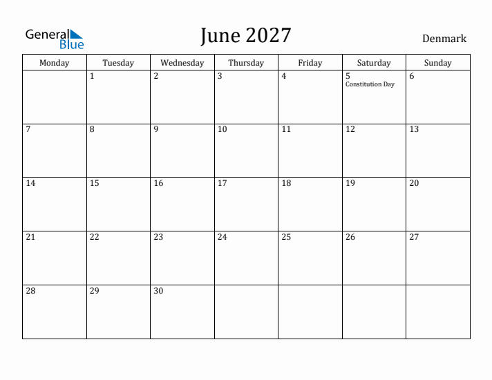 June 2027 Calendar Denmark
