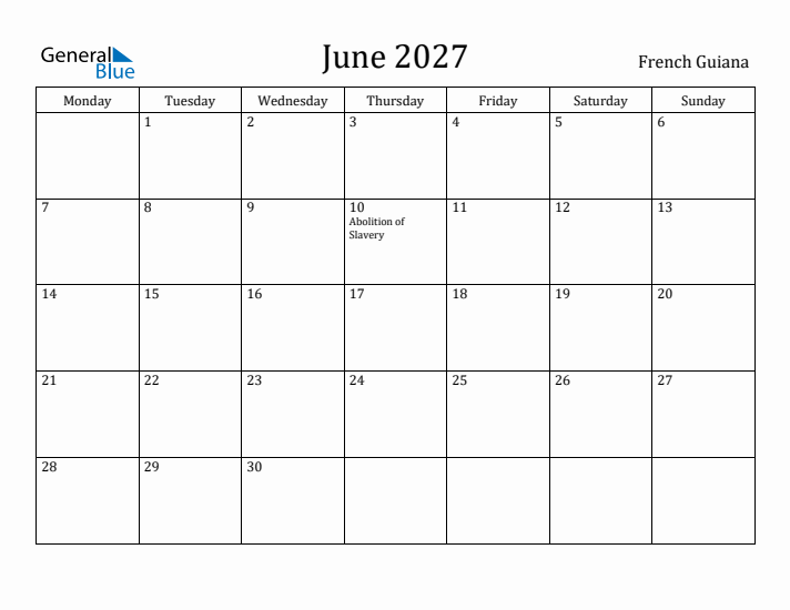 June 2027 Calendar French Guiana