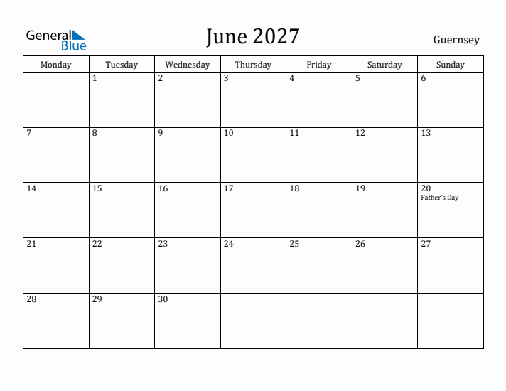 June 2027 Calendar Guernsey
