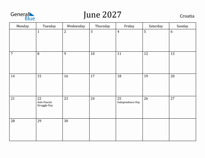 June 2027 Calendar Croatia
