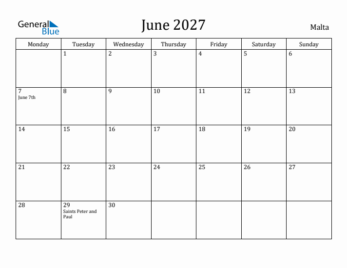 June 2027 Calendar Malta