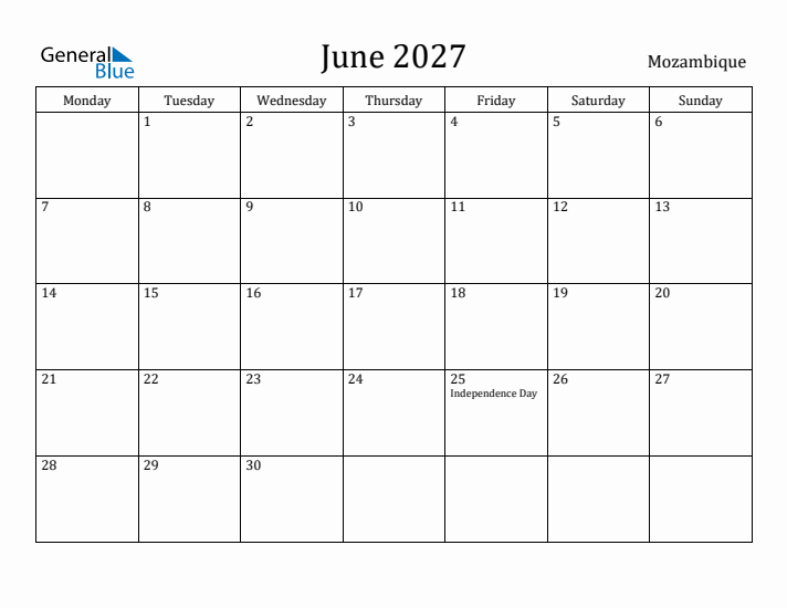 June 2027 Calendar Mozambique