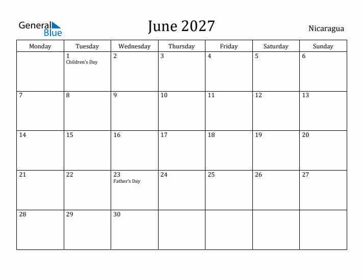 June 2027 Calendar Nicaragua