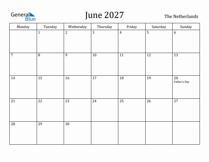 June 2027 Calendar The Netherlands