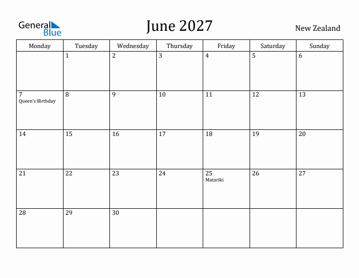 June 2027 Calendar New Zealand