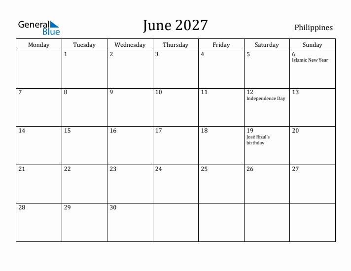 June 2027 Calendar Philippines