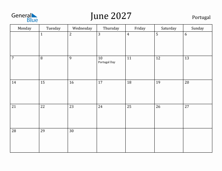 June 2027 Calendar Portugal