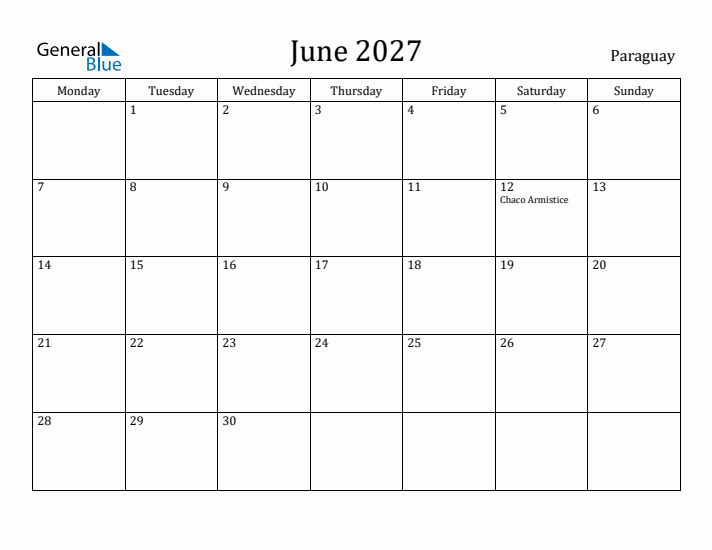 June 2027 Calendar Paraguay
